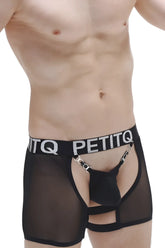 Black mesh boxer string garter angy briefs with silver chain detail and petitq branded waistband