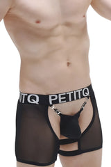 Black mesh boxer string garter angy briefs with silver chain detail and petitq branded waistband