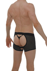 Black mesh boxer string garter angy durtol briefs with cutout design and lace trim showing front side