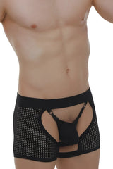 Black mesh boxer string garter angy durtol briefs with perforated design and open front for a bold look