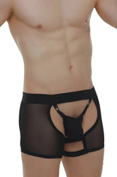 Black sheer mesh boxer string garter angy net briefs with solid front panel and adjustable straps