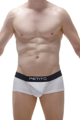 White petitq boxer briefs with a black logo waistband made from econyl material for sustainable comfort