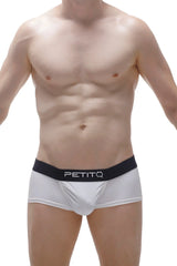 White petitq boxer briefs with a black logo waistband made from econyl material for sustainable comfort