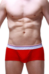 Red men’s modal briefs with white elastic waistband striped red and blue and petitto brand name petitq trunk taik modal red