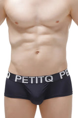 Black petitq men’s briefs boxer taik plum black with white logo waistband shown from front view