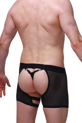 Black mesh petitq boxer string garter angy durtol briefs with backless design and adjustable straps back view