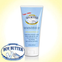 Light blue plastic tube of boy butter personal lubricant h2o with white cap and label featuring brand logo and muscular arm
