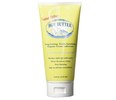 Yellow tube of boy butter original organic cream lubricant with white cap and blue logo for smooth lubrication