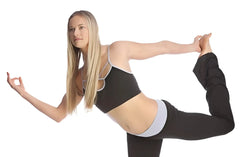 Black and light gray athletic bra top with crisscross straps designed for support and comfort during workouts