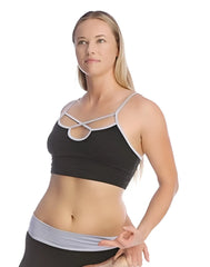 Black bra top with silver crisscross straps and light gray trim for sporty and stylish wear