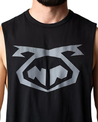 Black sleeveless muscle tank top featuring bold geometric gray logo with angular design elements brandmark shredder