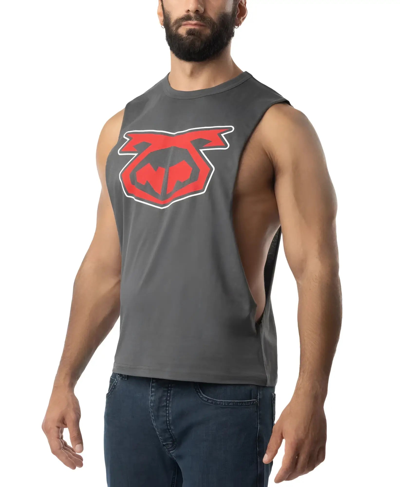 Gray muscle tank top featuring a bold red and black graphic logo on the chest branded as Brandmark Shredder Tank Top 3.0