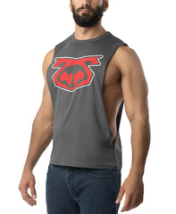 Gray muscle tank top featuring a bold red and black graphic logo on the chest branded as Brandmark Shredder Tank Top 3.0
