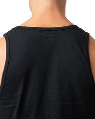 Black sleeveless tank top with subtle embroidered logo at the neckline branded as brandmark tank
