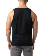 Black sleeveless brandmark tank top showing the back with a subtle logo on the upper back for casual wear
