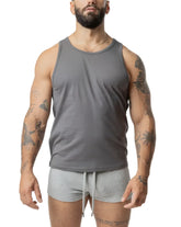 Gray sleeveless tank top with round neckline and relaxed fit from brandmark tank collection