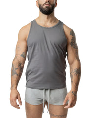 Gray sleeveless tank top with round neckline and relaxed fit from brandmark tank collection