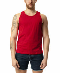 Brandmark tank red sleeveless tank top with simple round neckline and straight hem for casual wear