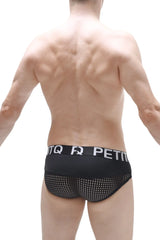 Black mesh briefs with a solid waistband featuring white lettering from the brief asserac black collection