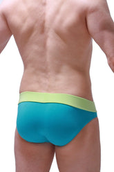 Turquoise and lime green Brief Blaru Tropical Green briefs with smooth stretchy fabric waistband front view