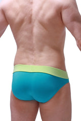 Turquoise and lime green Brief Blaru Tropical Green briefs with smooth stretchy fabric waistband front view