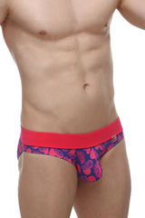 PetitQ brief Blaru tropical hearts vibrant pink and navy blue patterned briefs with bold red waistband front view