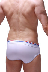 Petitq brief bovel white made of soft cotton with a red white and blue striped waistband visible from the front