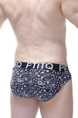 Black and white paisley patterned men’s briefs with branded elastic waistband brief bulan bandana design