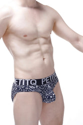 Black and white paisley patterned men’s briefs with branded elastic waistband brief bulan bandana front view