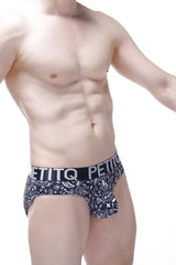 Black and white paisley patterned men’s briefs with branded elastic waistband brief bulan bandana front view