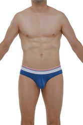 Brief bulan plum blue mens briefs in blue with a white waistband accented by thin red and blue stripes