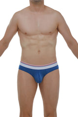 Brief bulan plum blue mens briefs in blue with a white waistband accented by thin red and blue stripes