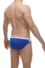 Brief clans blue men’s briefs in blue with a white waistband featuring red and blue stripes and a mesh side panel