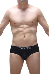 Black petitq briefs in modal fabric with a sleek form-fitting design and subtle white branding on the waistband