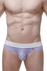 Lavender-colored brief céron bamboo purple men’s briefs with white elastic waistband and red side logo