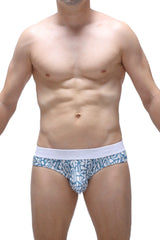 Blue and white patterned men’s briefs with solid white waistband in brief chill carlot blue design