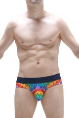 Rainbow-patterned petitq brief chill max kaleidoscope men’s briefs with a dark blue waistband for comfortable wear