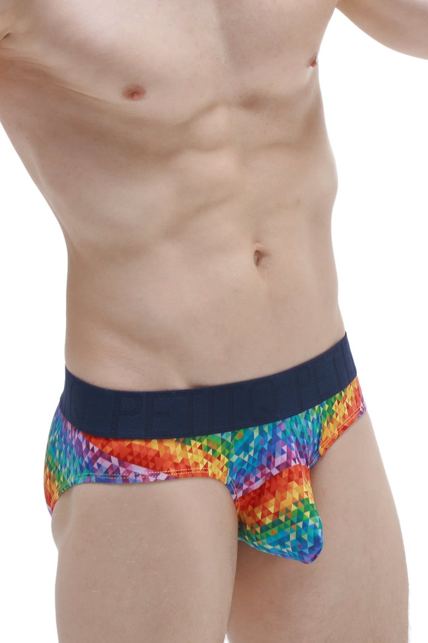 Petitq brief chill max kaleidoscope rainbow pixel-patterned briefs with solid navy waistband front view