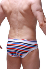 Striped men’s briefs in red blue black and white from petitq brief chill grandrieu with soft breathable fabric