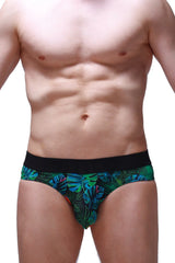 Brief chillax tropical men’s briefs with green and blue tropical leaf print and black elastic waistband