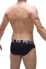 Black men’s briefs with white pq petit waistband and mesh side detailing in brief clans black design