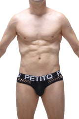 Black mesh briefs with a white petitq logo band featuring breathable fabric in brief clans black design