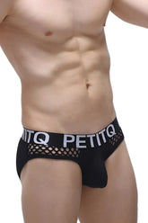 Black mesh briefs with a white petitq logo band from brief clans black collection