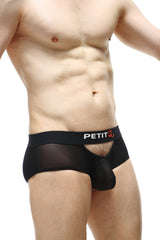 Black mesh PetitQ brief culan net with solid black waistband featuring petit logo and orange heart symbol