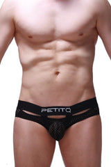 Black mesh briefs with white petitq logo on the waistband from brief dolmen durtol black collection