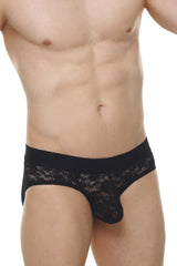 Brief dome lace black men’s briefs in black with lace trim and sheer patterned design for stylish comfort