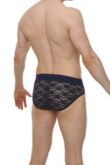 Dark blue lace briefs with a solid waistband made of lace material for comfortable everyday wear