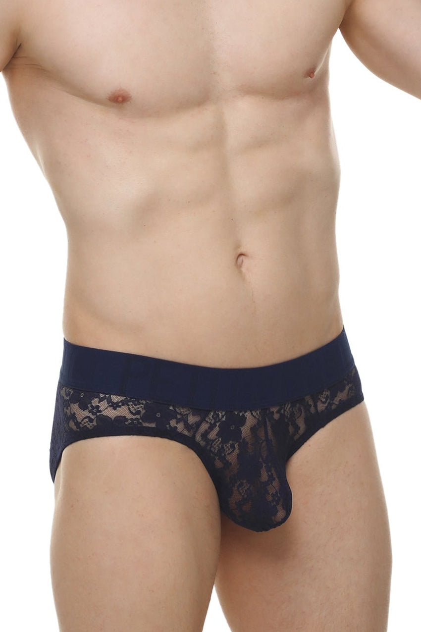 Navy blue sheer lace-trimmed men’s briefs with patterned design from brief dome lace navy collection
