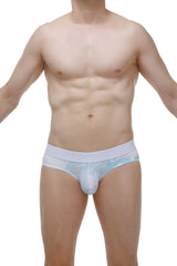 Brief dome marbre sky blue light blue and white tie-dye patterned briefs with solid white waistband front view