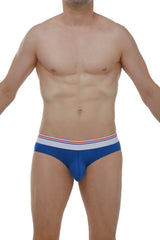 Petitq brief dome modal blue men’s briefs with white waistband and red and blue stripes design